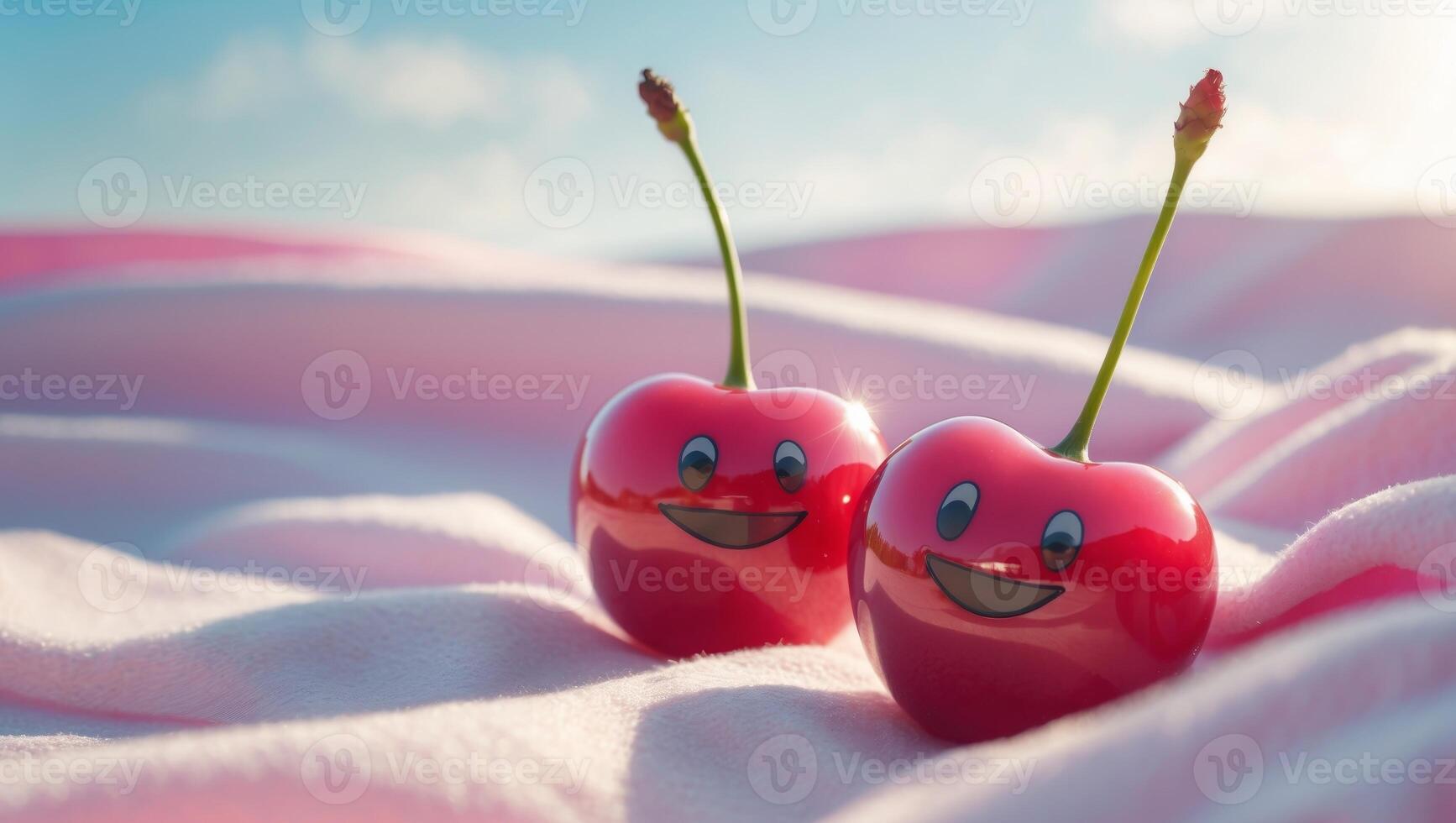 Two cherries with faces on them sitting on a blanket photo
