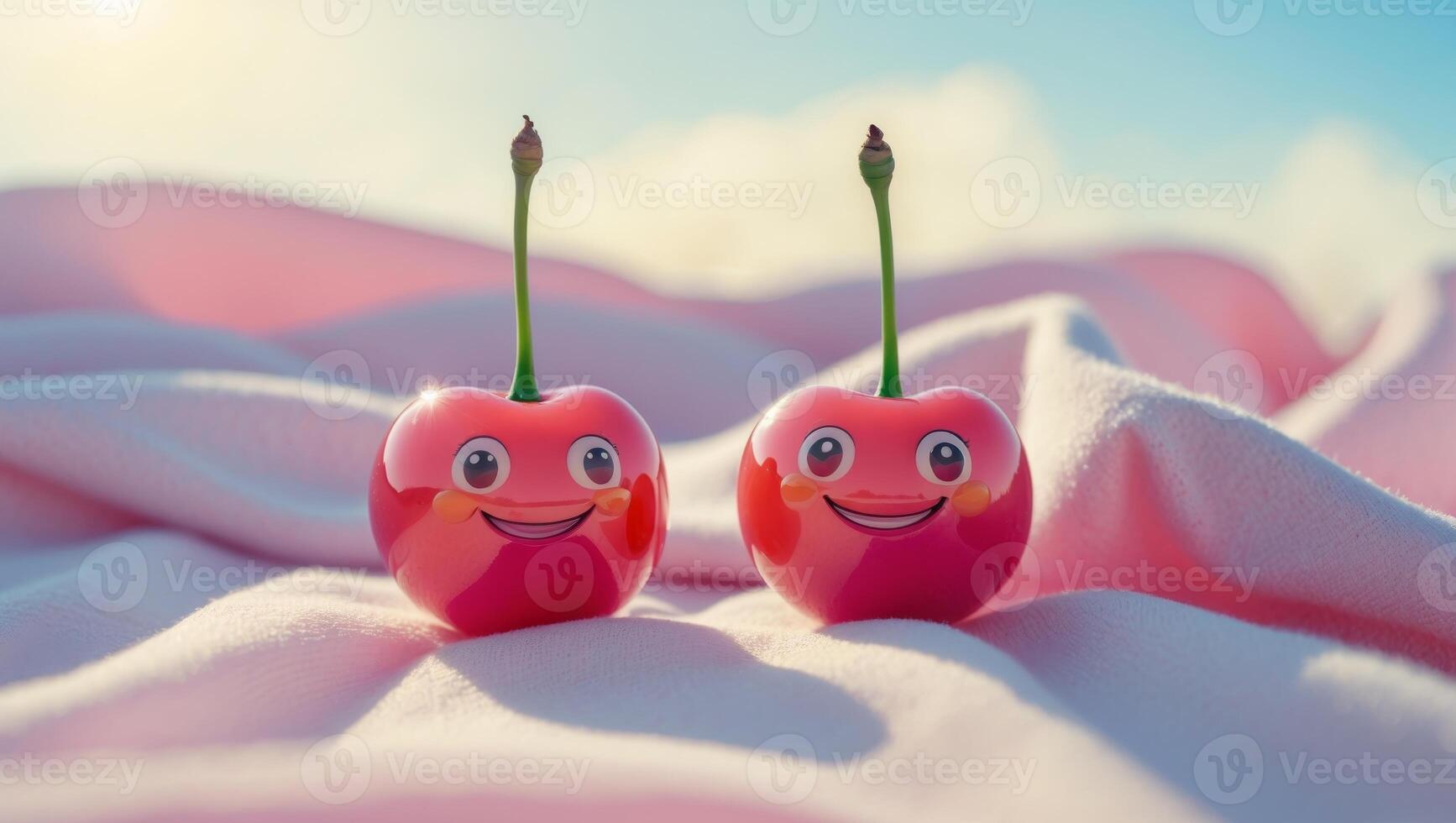 Two cherries with faces on them sitting on a blanket photo