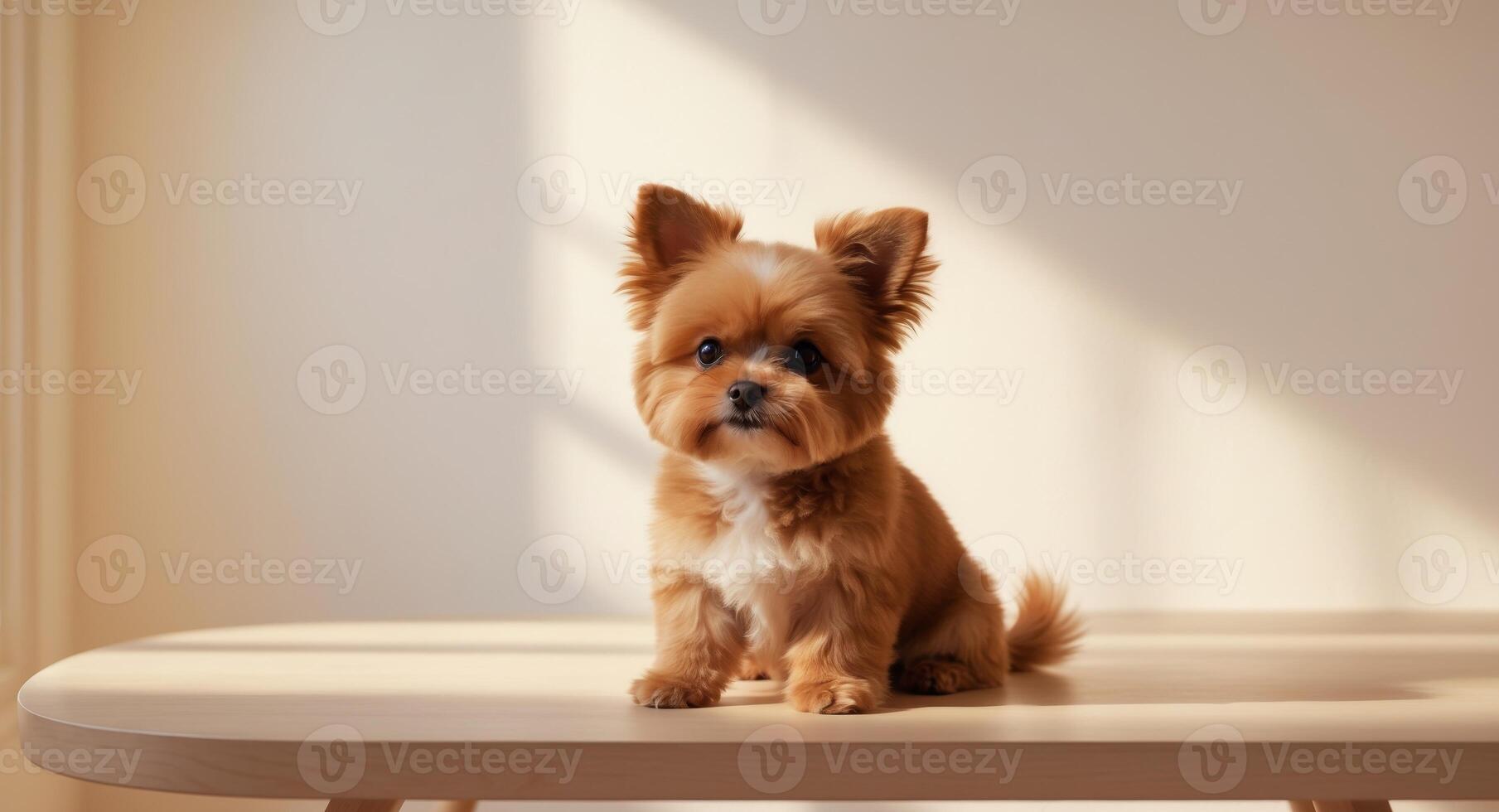 A small dog sitting on a table in front of a window photo