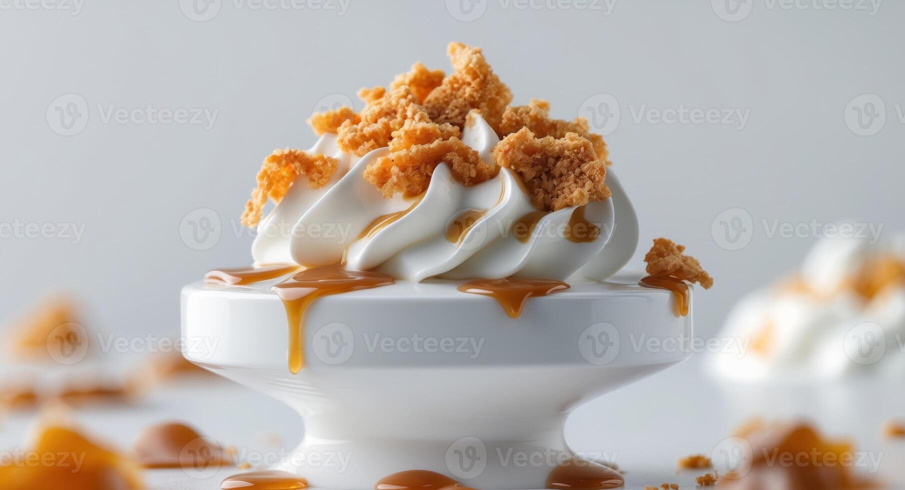 A dessert with whipped cream and caramel sauce photo