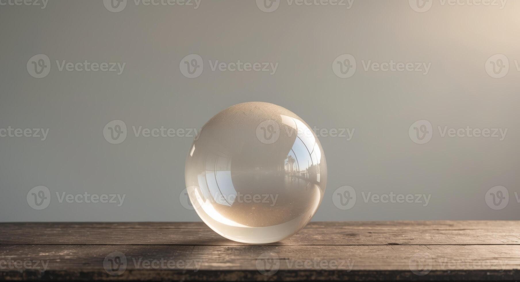 A glass ball sitting on top of a wooden table photo
