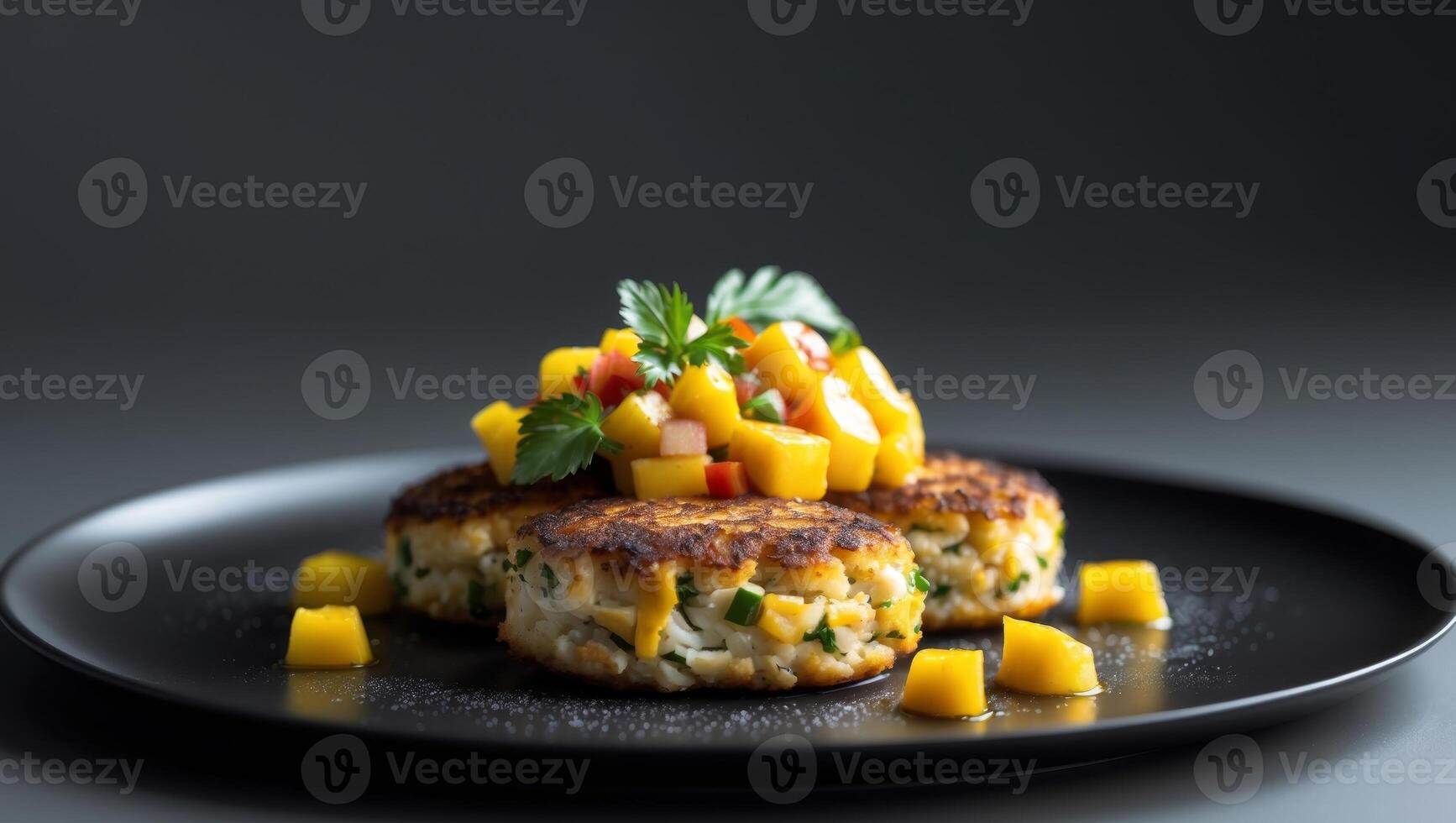 A plate with two crab cakes and mango salsa photo