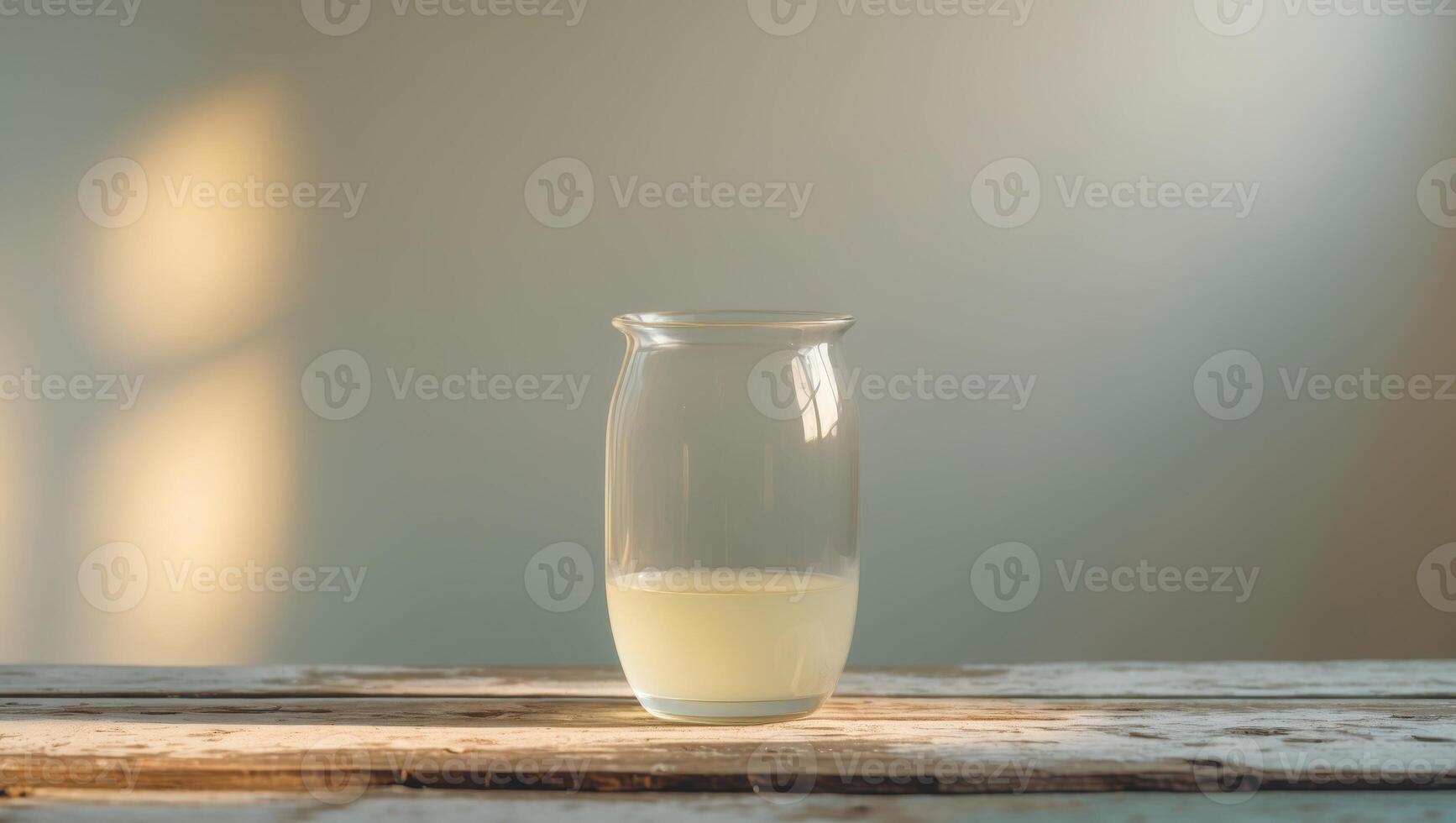 Glass filled with liquid placed on a wooden table with soft natural lighting and a blurred background. photo