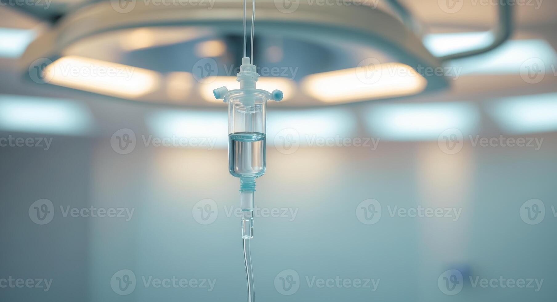 Intravenous therapy drip hanging in front of blurred hospital operating room lights. photo