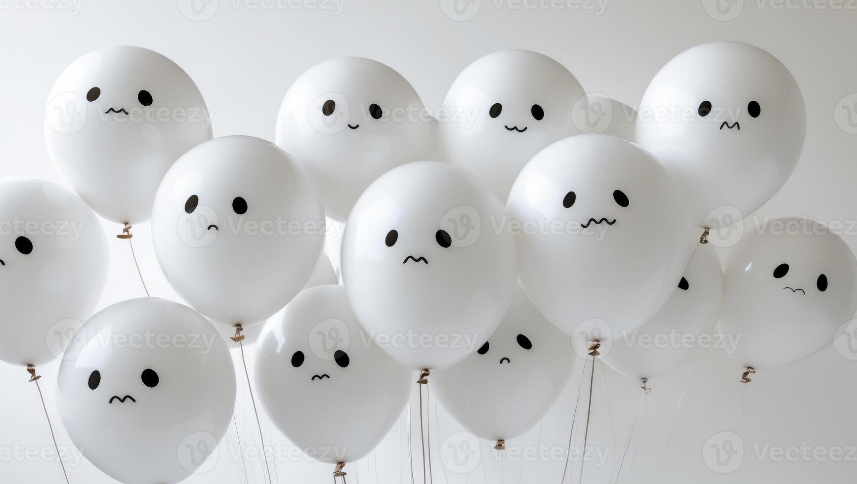 Many white balloons with faces drawn on them photo