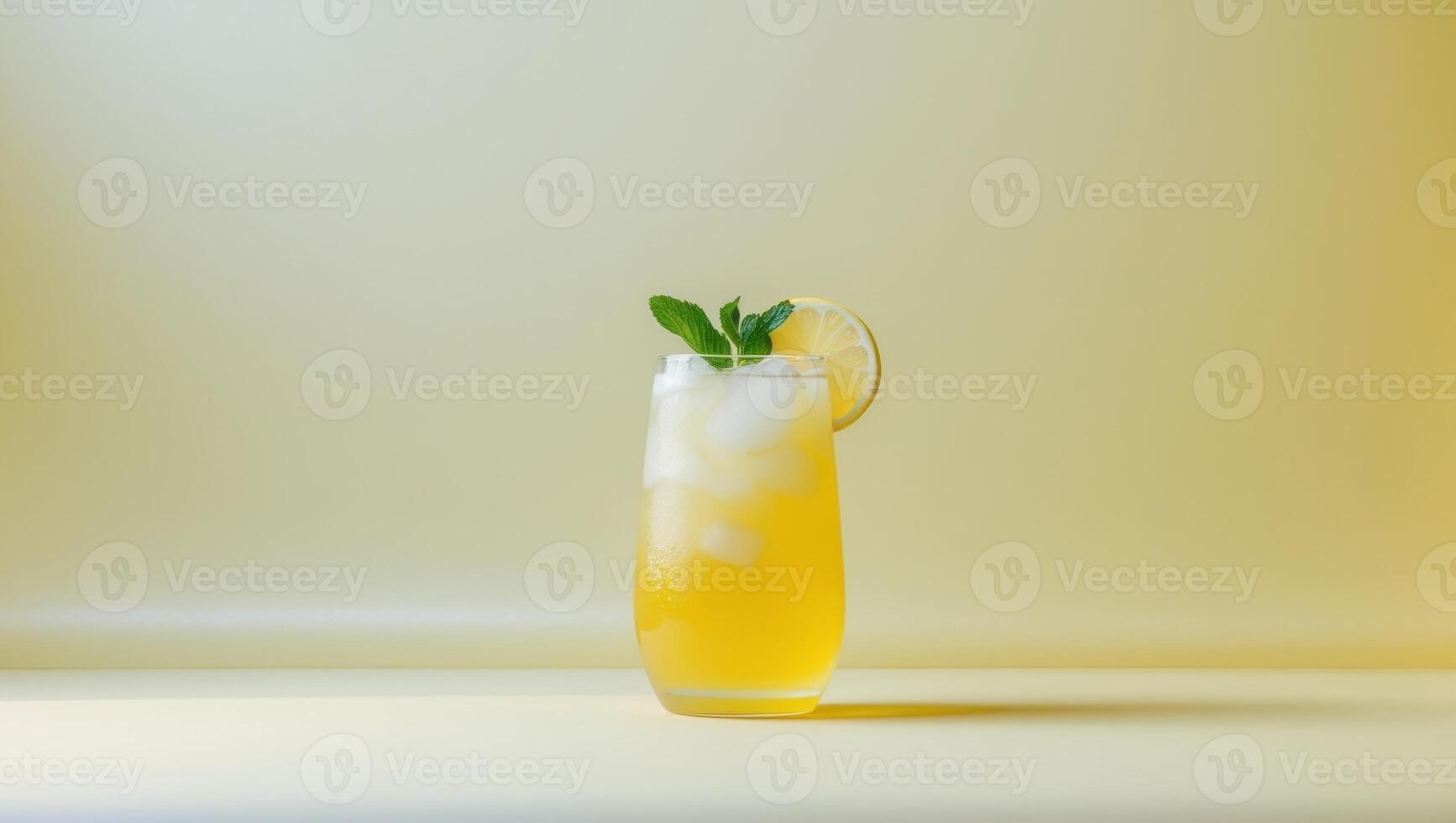 A lemonade drink with ice and a slice of lemon photo