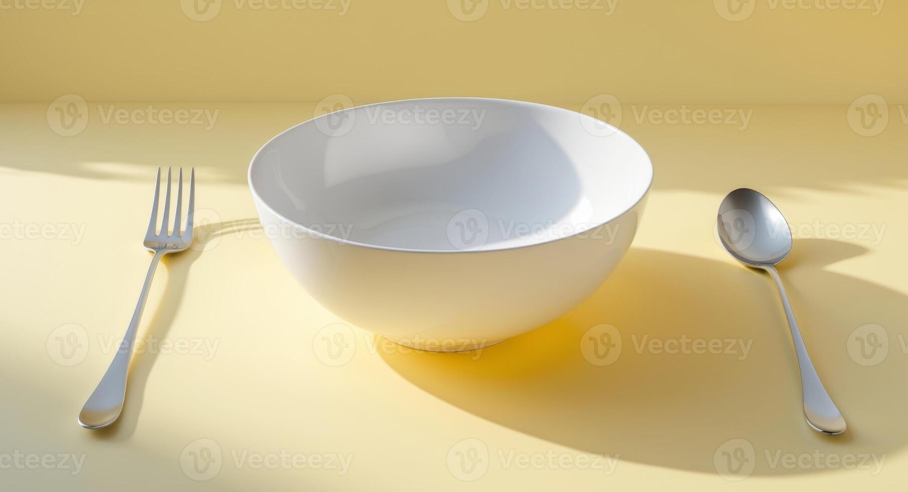 A bowl and spoon sit next to a fork and knife photo