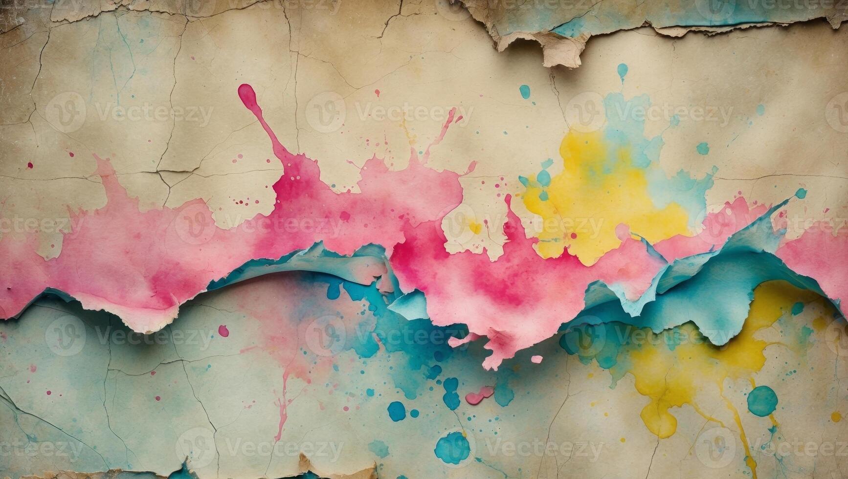 Colorful paint splatters on a torn paper background photo