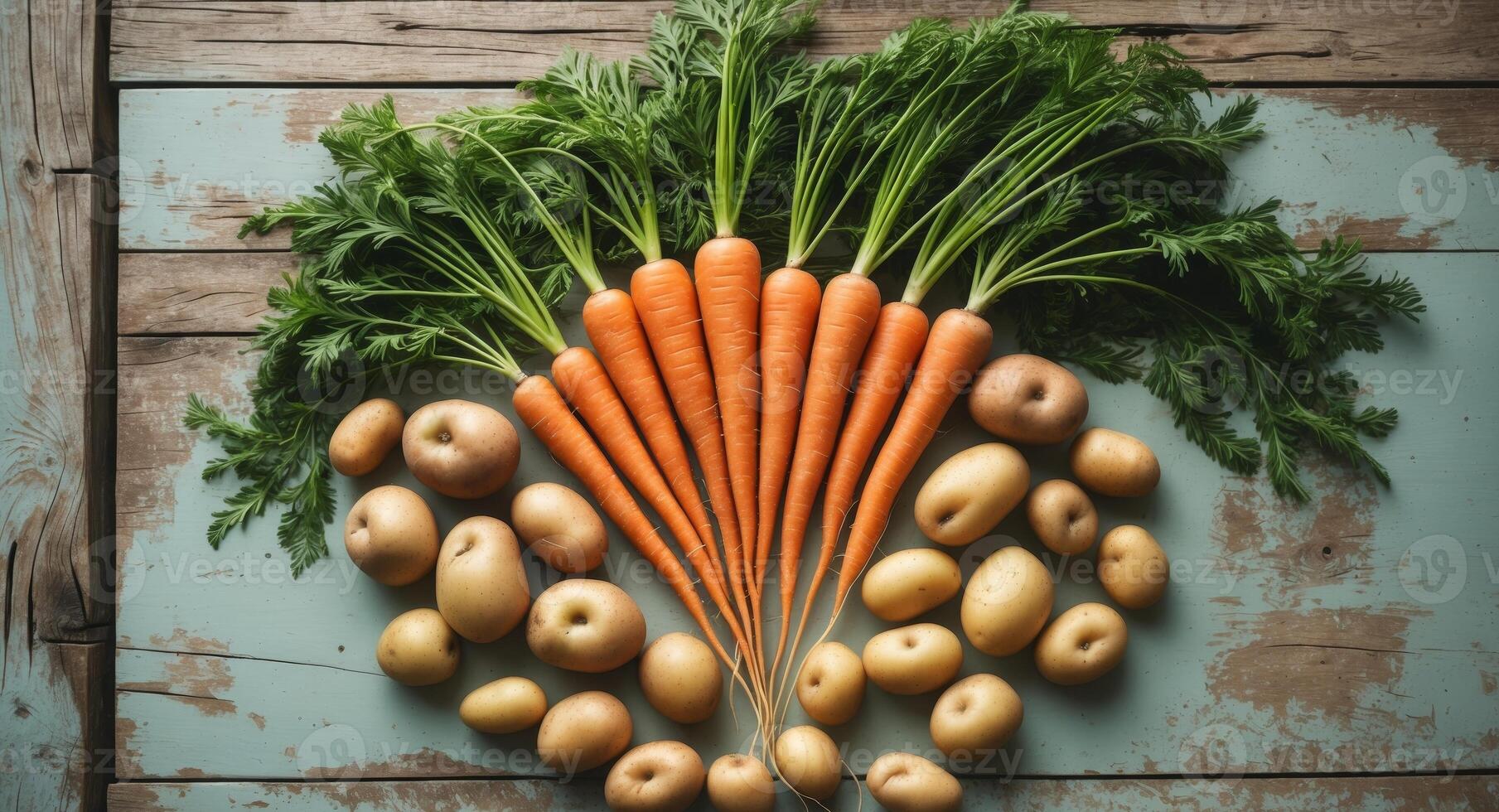 Carrots, potatoes and carrots arranged in a circle on a wooden table photo