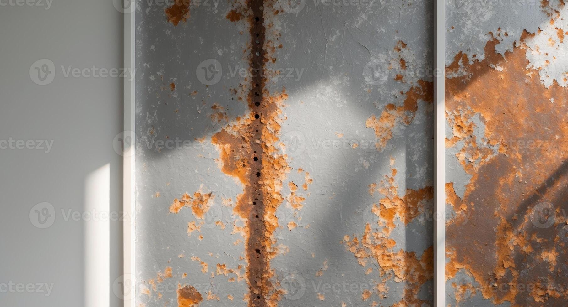 A rusty metal door with a window in the background photo