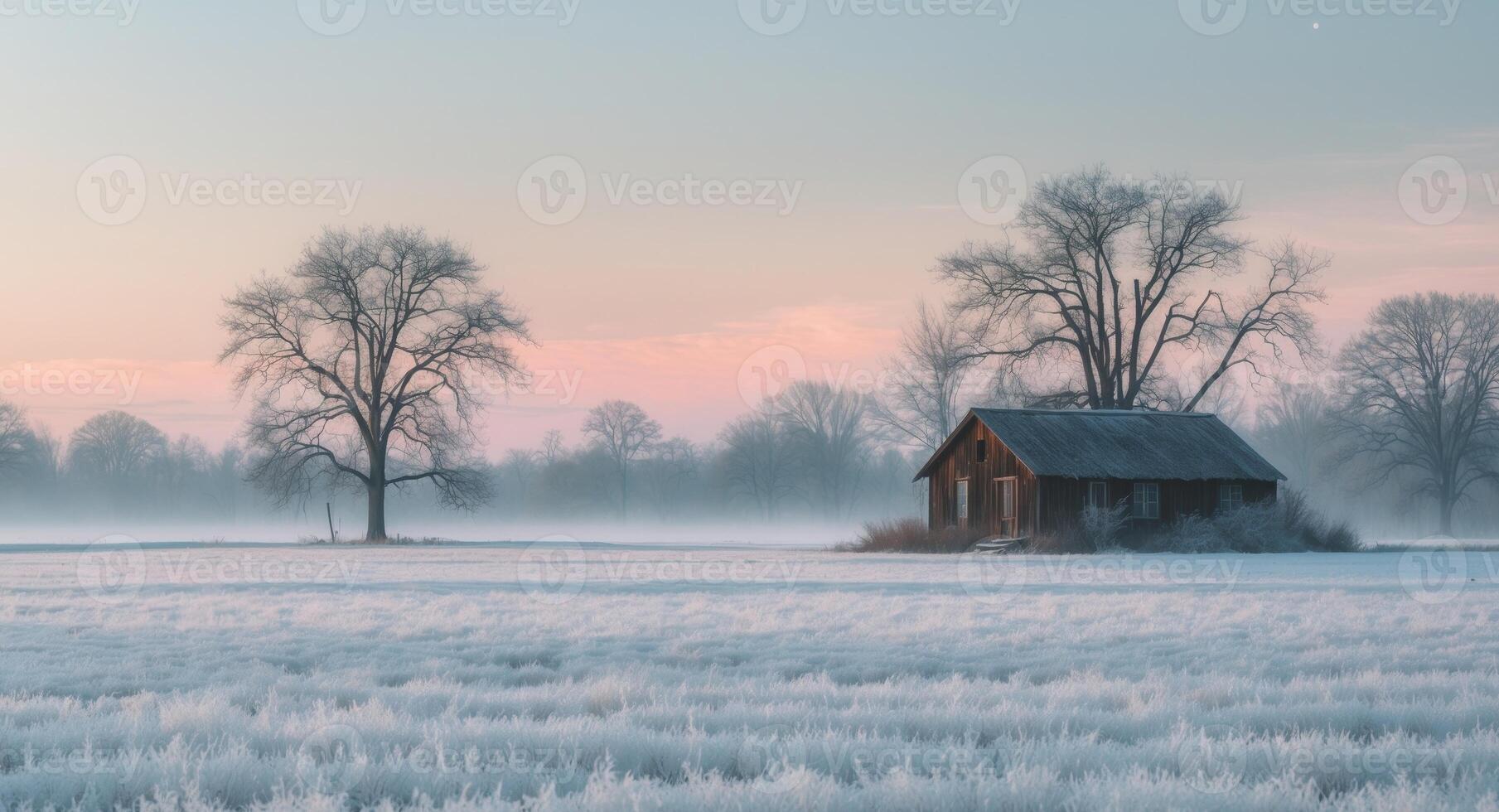 A barn sits in a field of frost photo