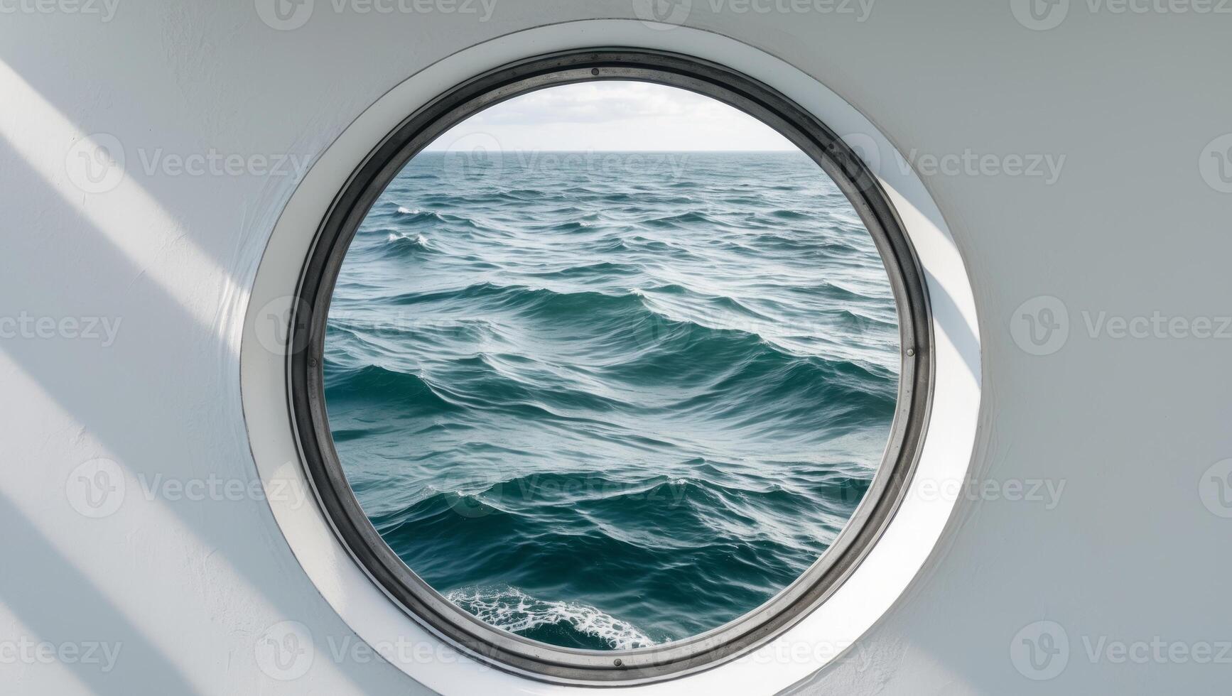 A circular window on a ship with the ocean in the background photo