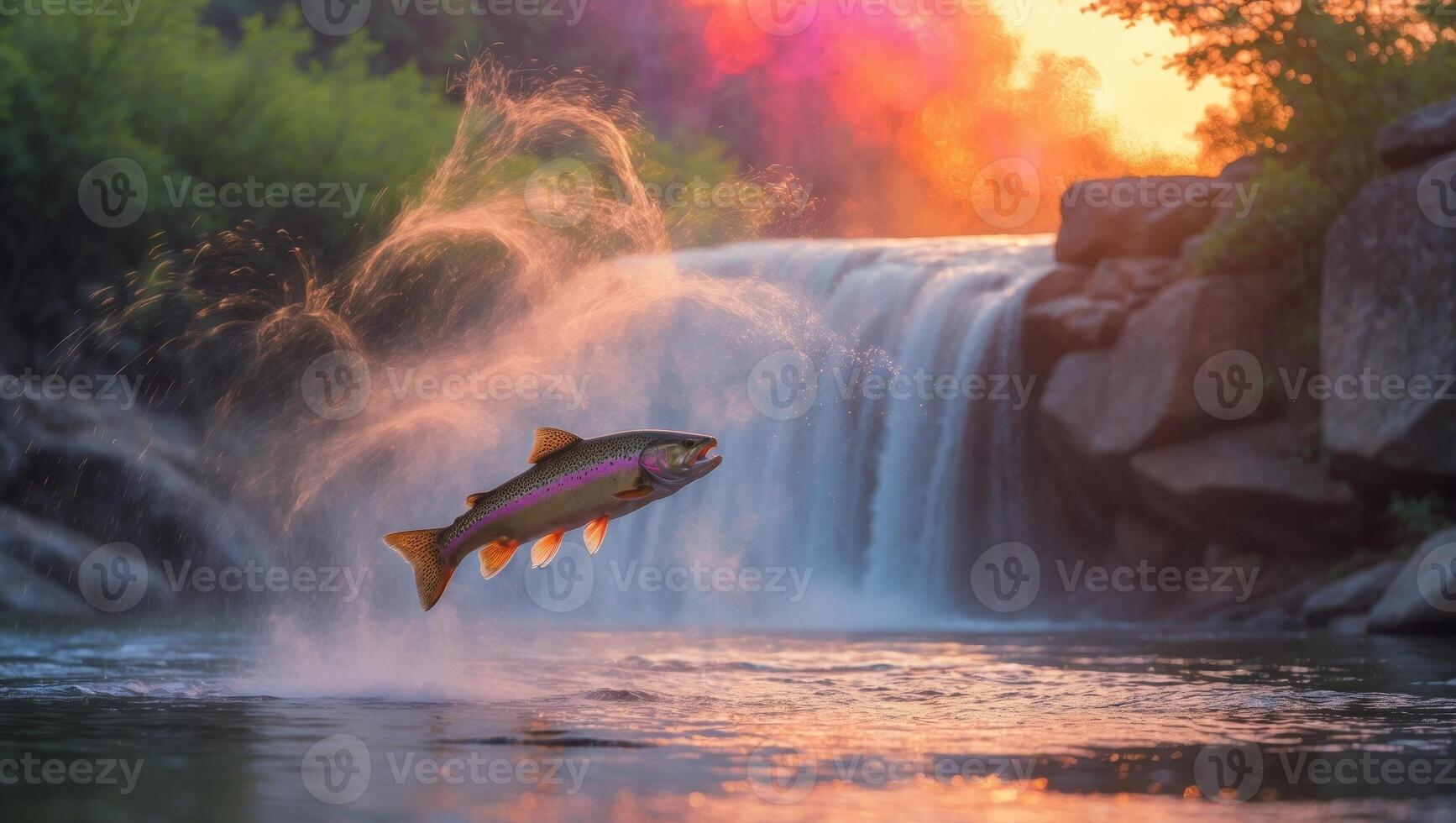 A rainbow trout is jumping out of the water at sunset photo