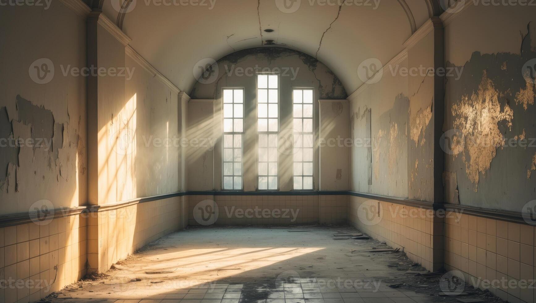 An empty hallway with sun shining through the window photo