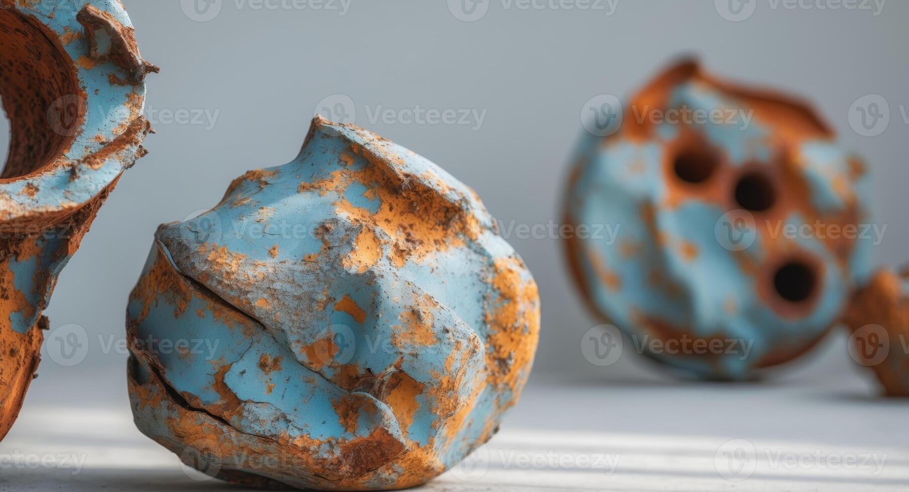 Three blue and orange ceramic sculptures with rusted metal photo