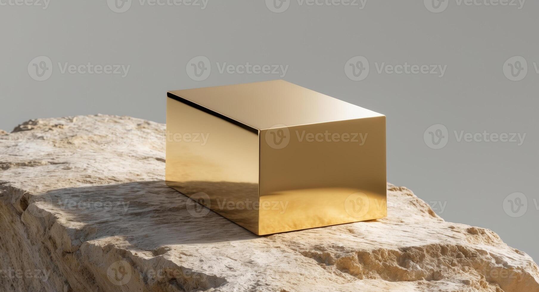 A golden cube sitting on top of a rock photo