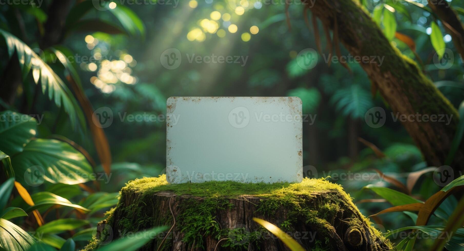 Blank sign on stump in the jungle photo