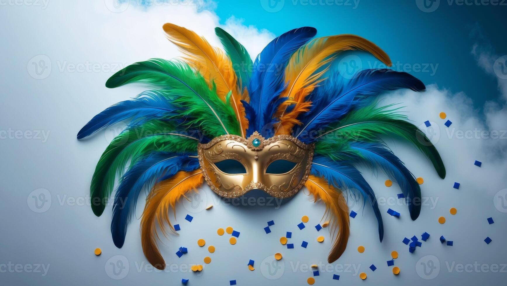 A colorful carnival mask with blue and yellow feathers photo