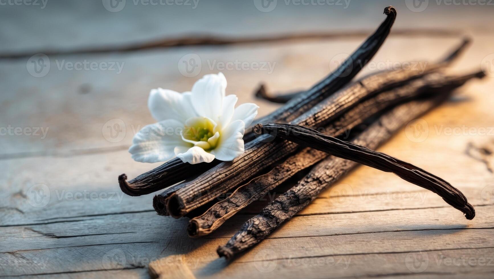 Vanilla beans and flowers on a wooden table photo