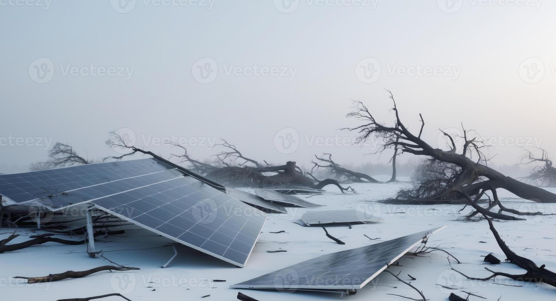 Solar panels cracked and tilted at odd angles after a powerful storm uprooted nearby trees photo