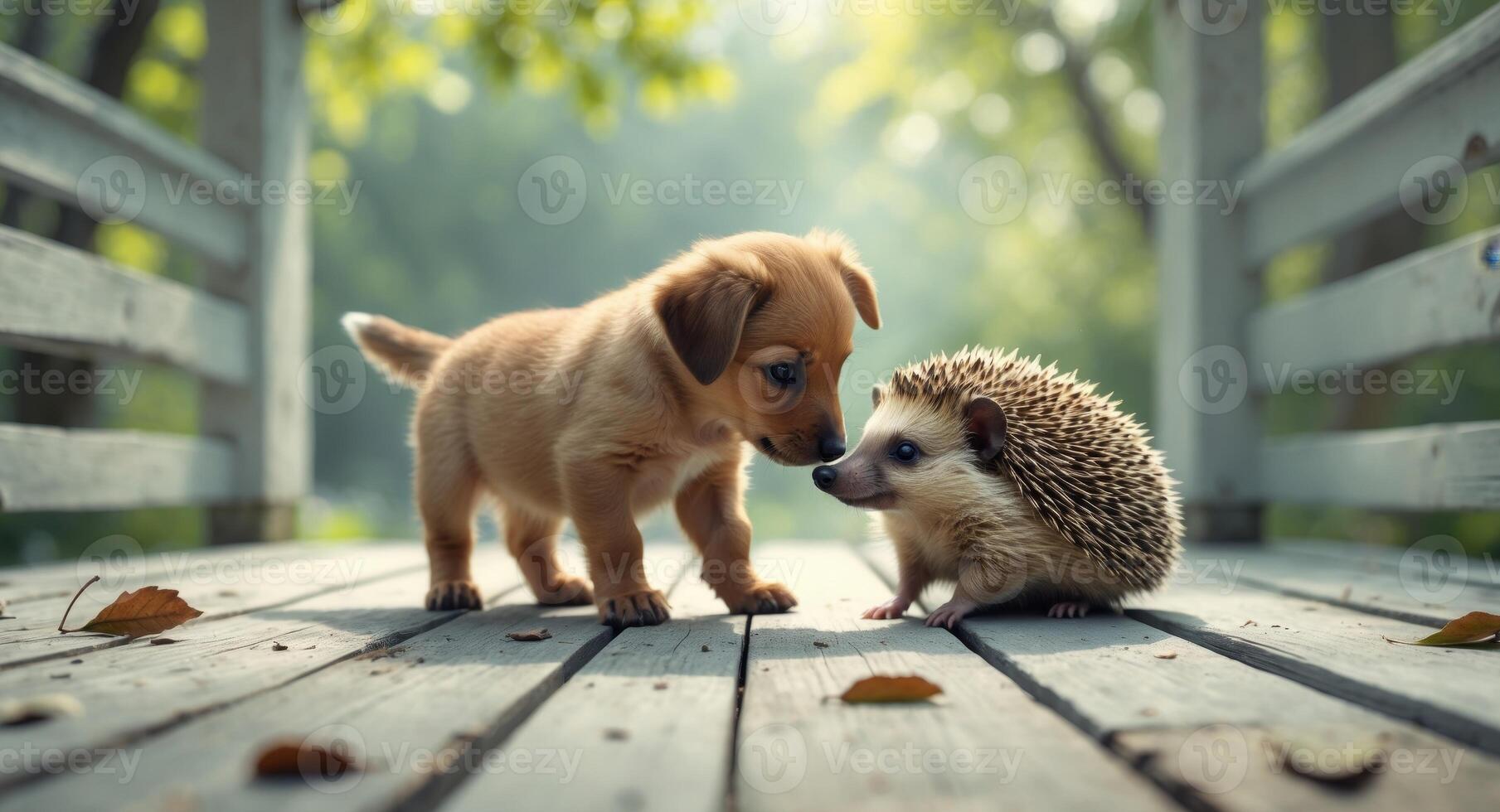 Puppy and Hedgehog Interacting on Wooden Deck with Soft Green Trees Background. photo