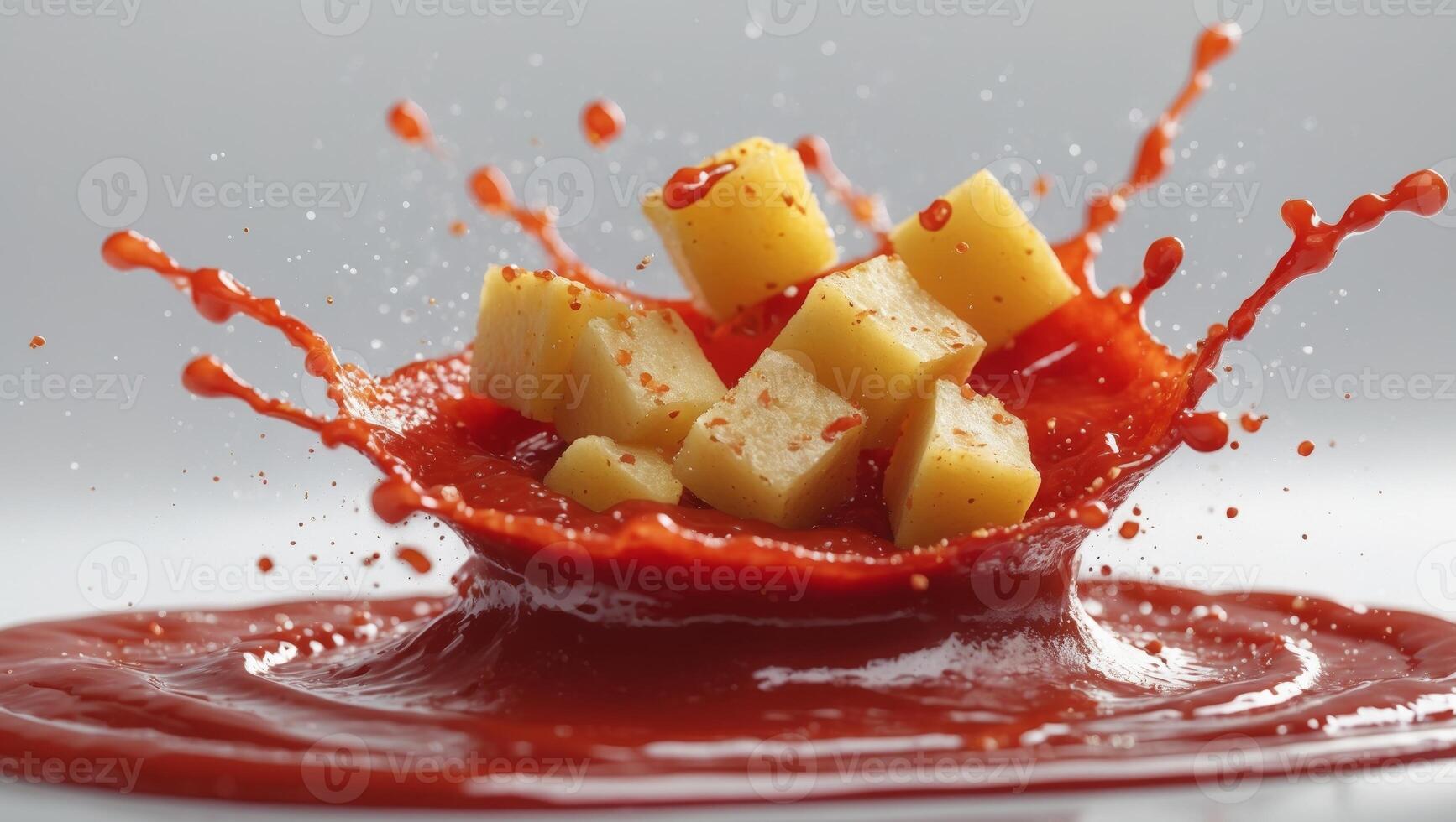 Spicy Potato Cubes Splashing into Ketchup photo