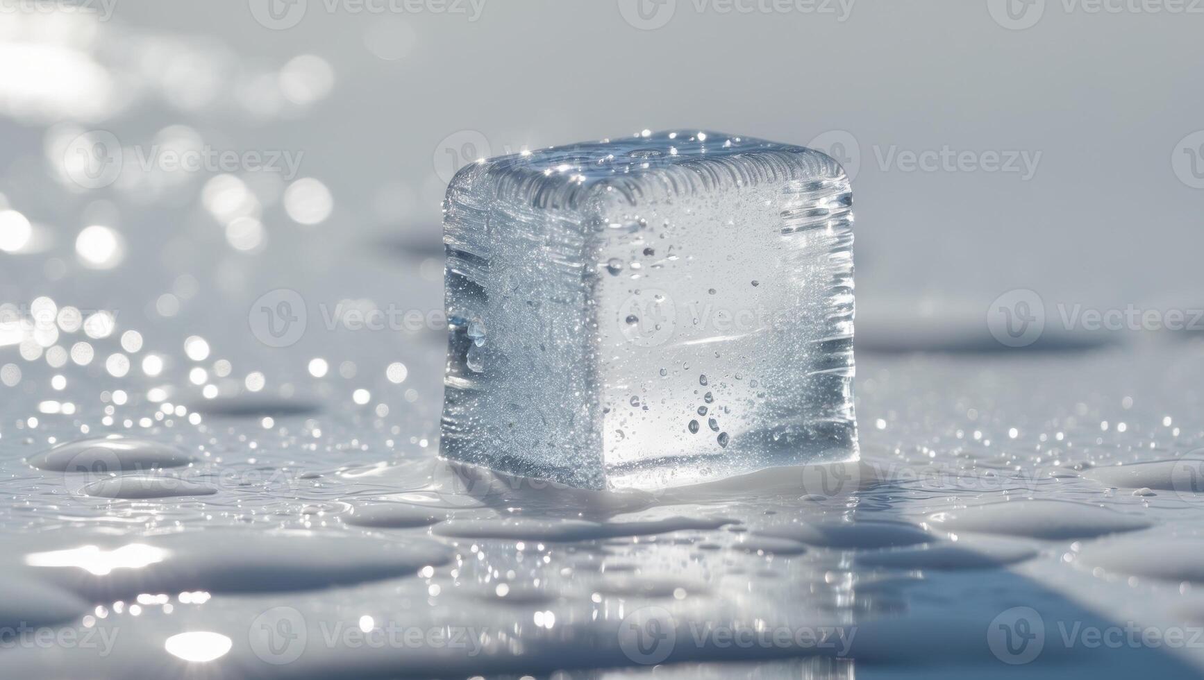 Melting ice cube on wet surface reflecting sunlight. photo