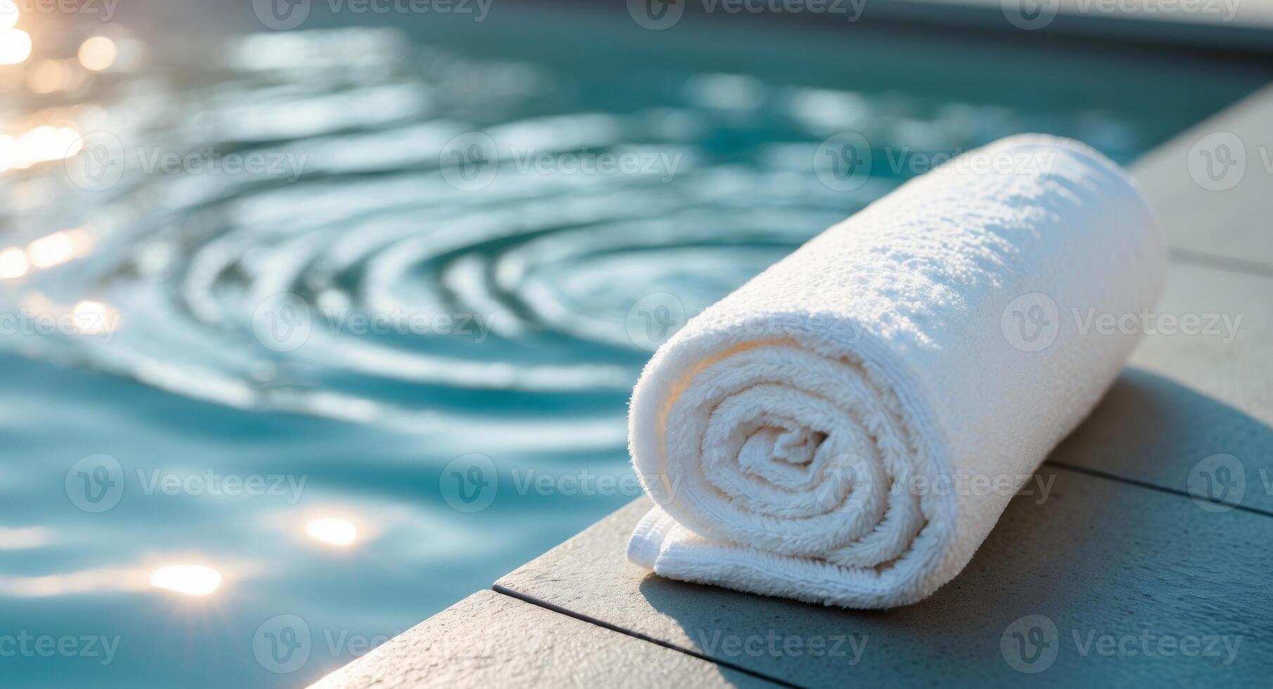 Summer Poolside Scene Featuring Rolled White Towel on Stone Edge with Tranquil Water Background and Room for Textual Overlay. photo