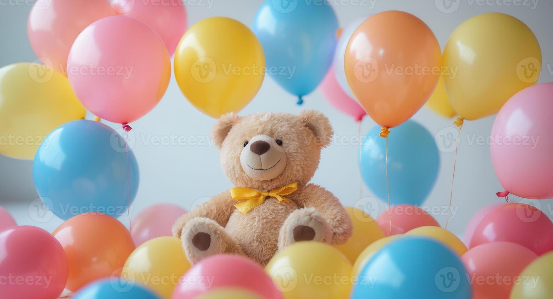 World happiness day with cheerful bear on colorful balloons background photo