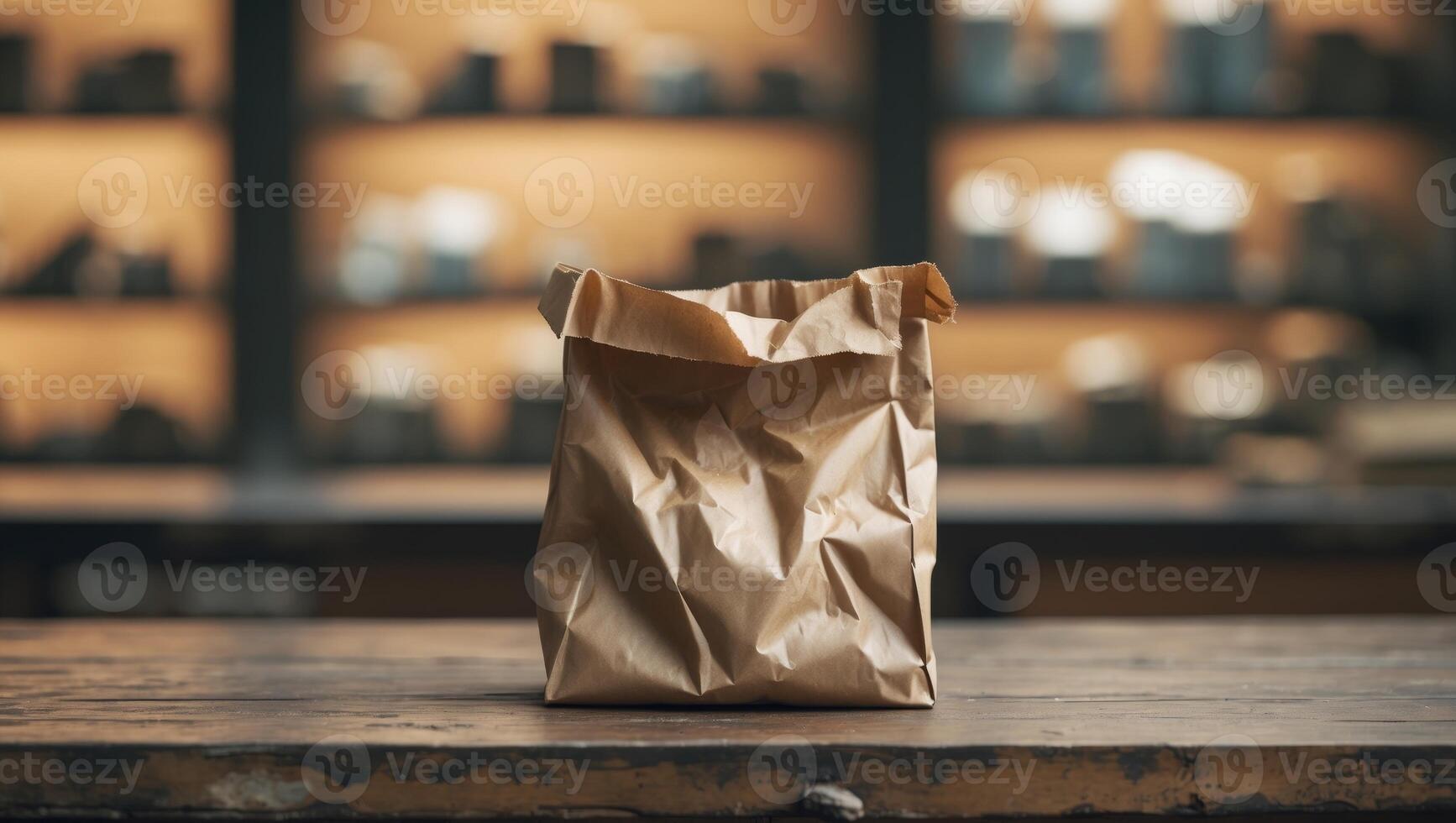 Brown Paper Bag on Wooden Table with Blurred Store Background. photo