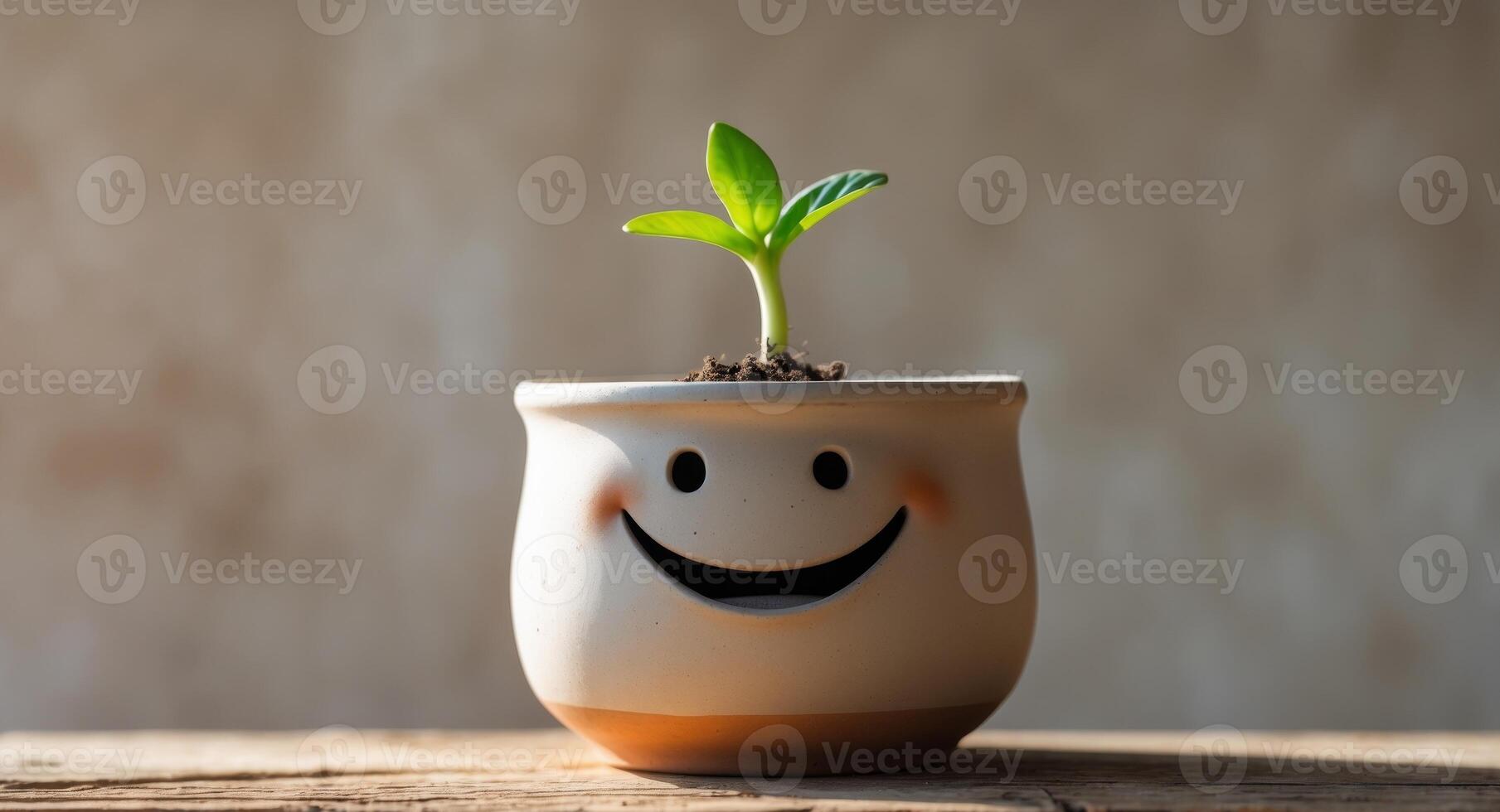Smiling ceramic pot with a cheerful face and green sprout on a rustic surface photo