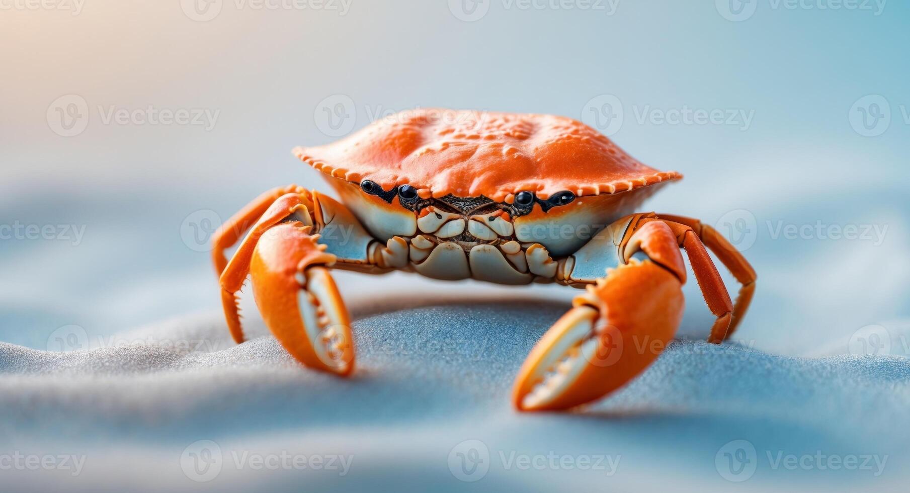 Closeup Of Orange Crab On Light Blue Sand. photo