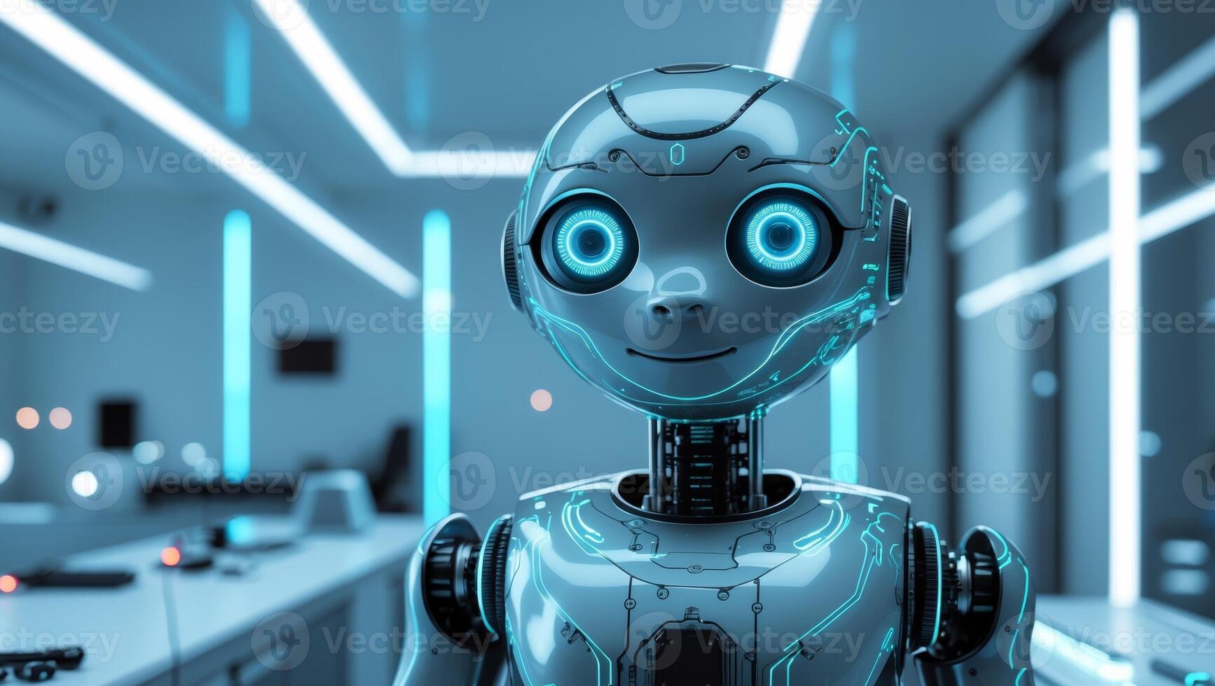 Advanced Technology Laboratory Featuring a Charming Robot and Blue Neon Illumination photo
