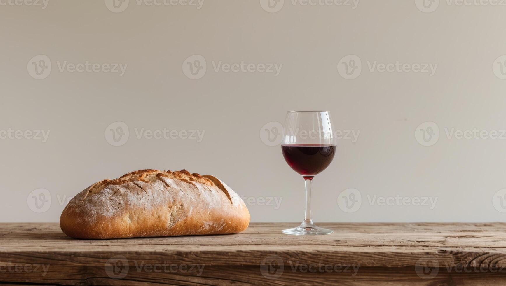 Bread and glass of red wine on rustic wooden table. photo