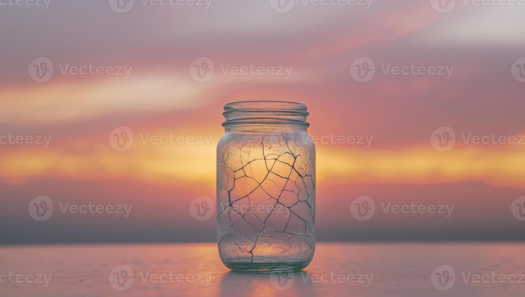 A broken glass jar sitting on a table with a sunset in the background photo
