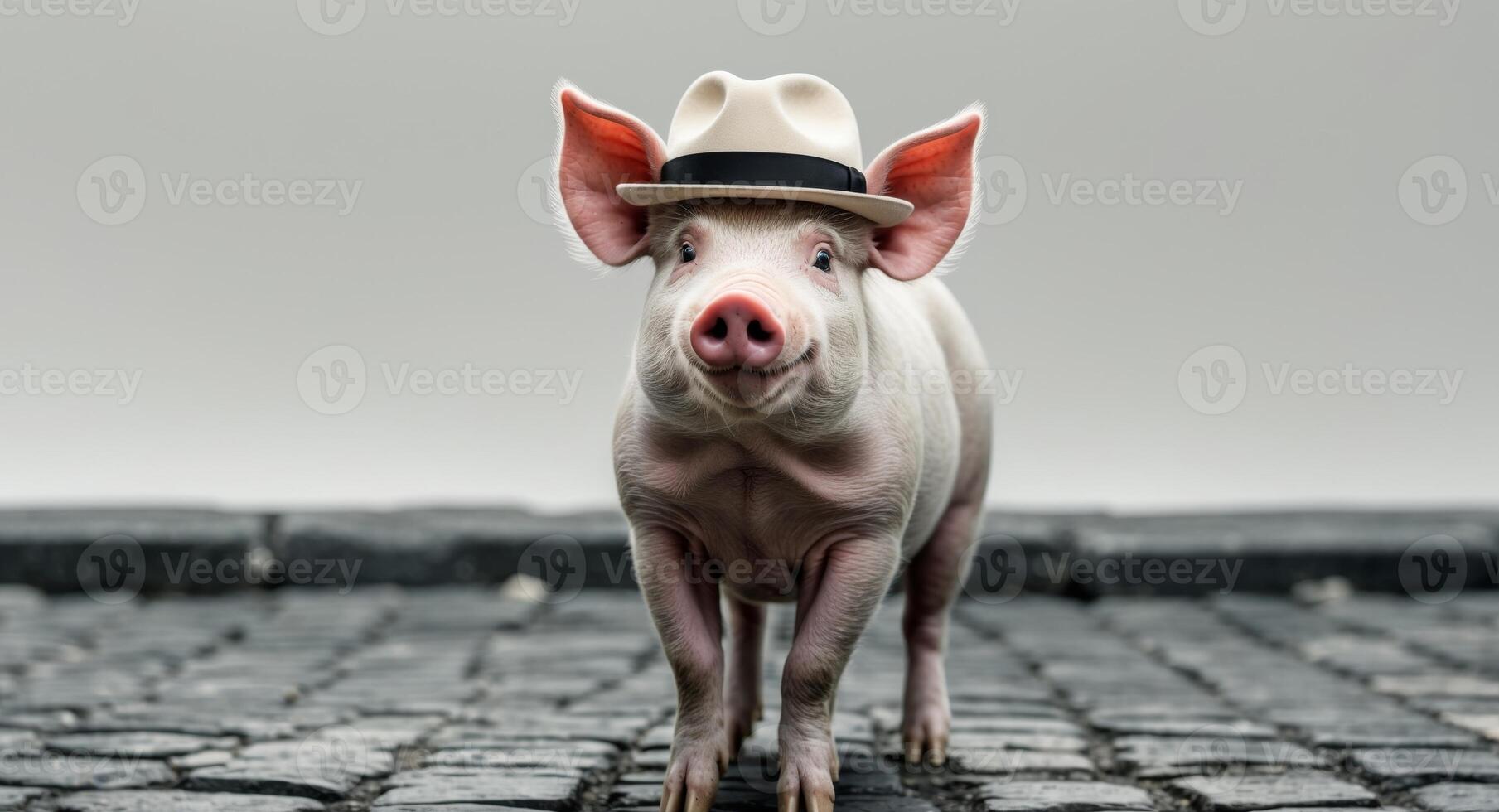 A pig wearing a hat and walking on a cobblestone road photo