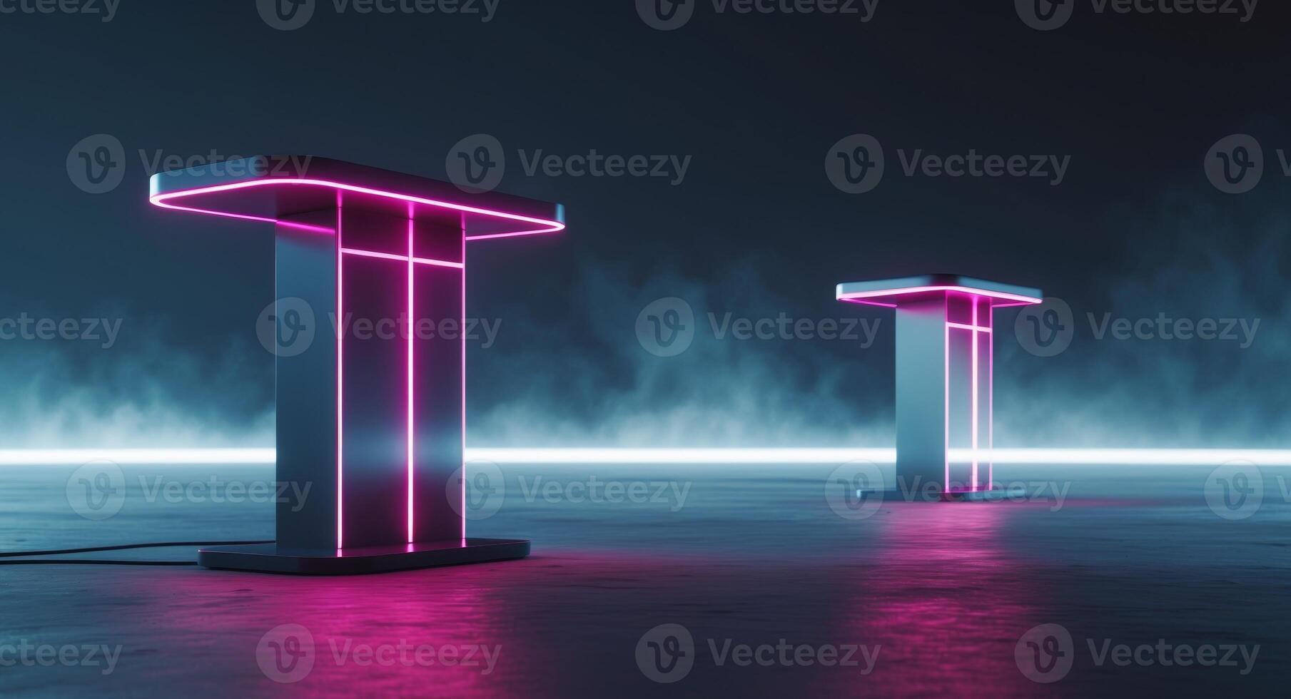 Futuristic neon podiums with glowing lines in a dark ambient setting photo