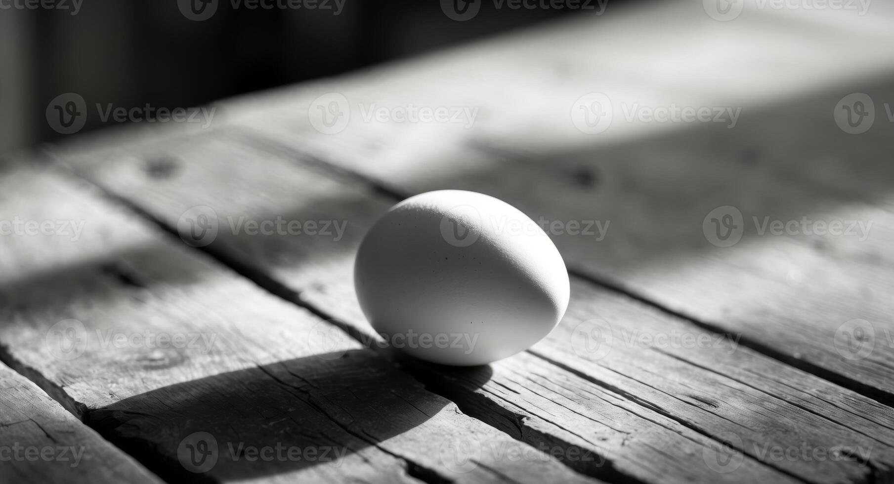 Egg resting on a wooden table in natural light with shadows and texture visible on the surface photo