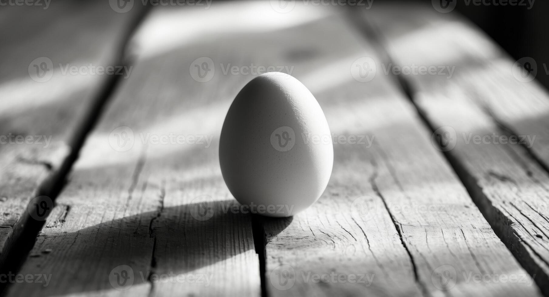 Egg resting on a wooden table in natural light with shadows and texture visible on the surface. photo