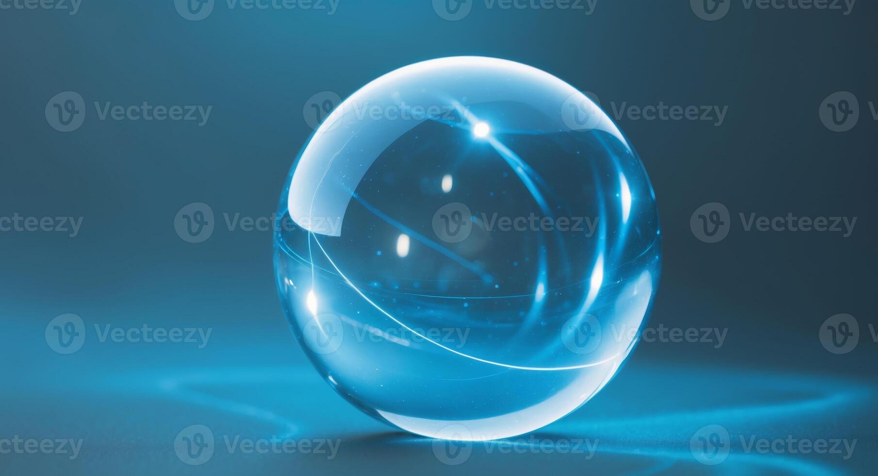 Glass sphere with glowing blue background and light reflections on a dark surface photo
