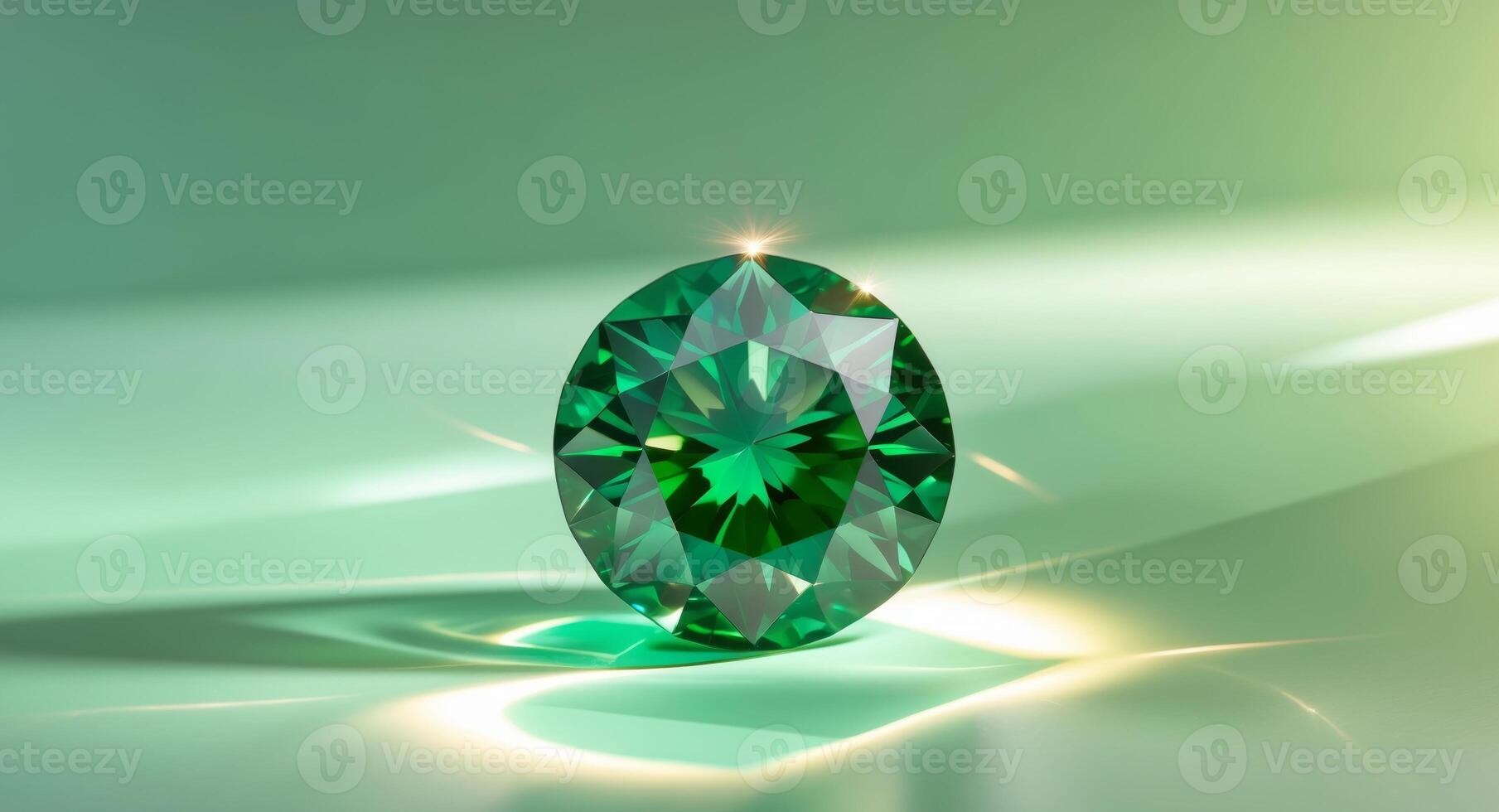 Green diamond gemstone on a green background with reflections and light shining through photo