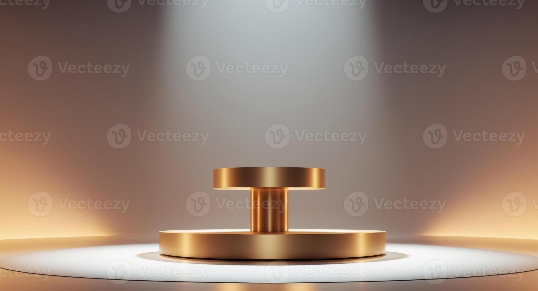 Stage with golden pedestal under spotlights for product display or performance. photo