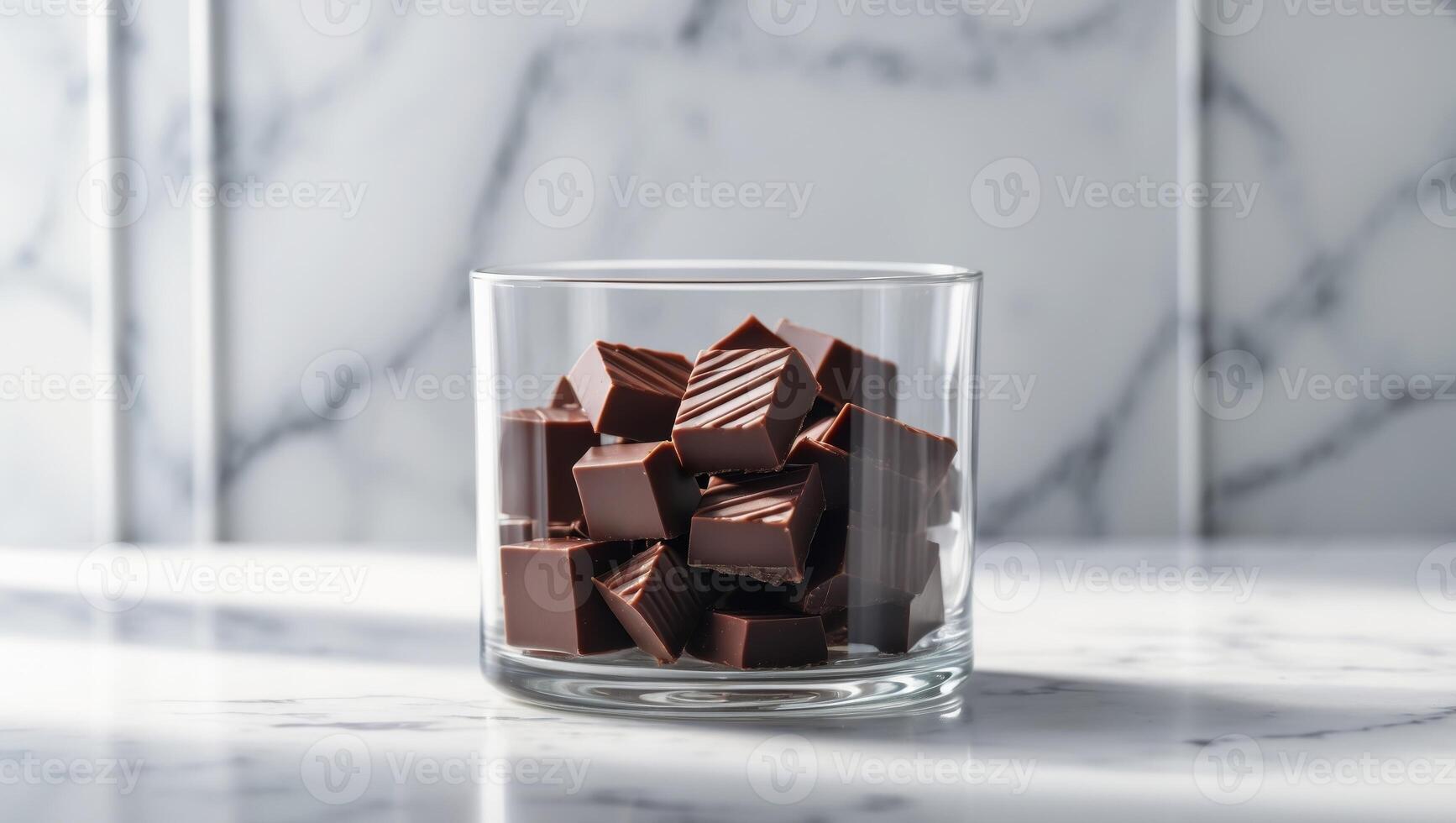 Glass full of chocolate squares with marble background for confectionery concept. photo
