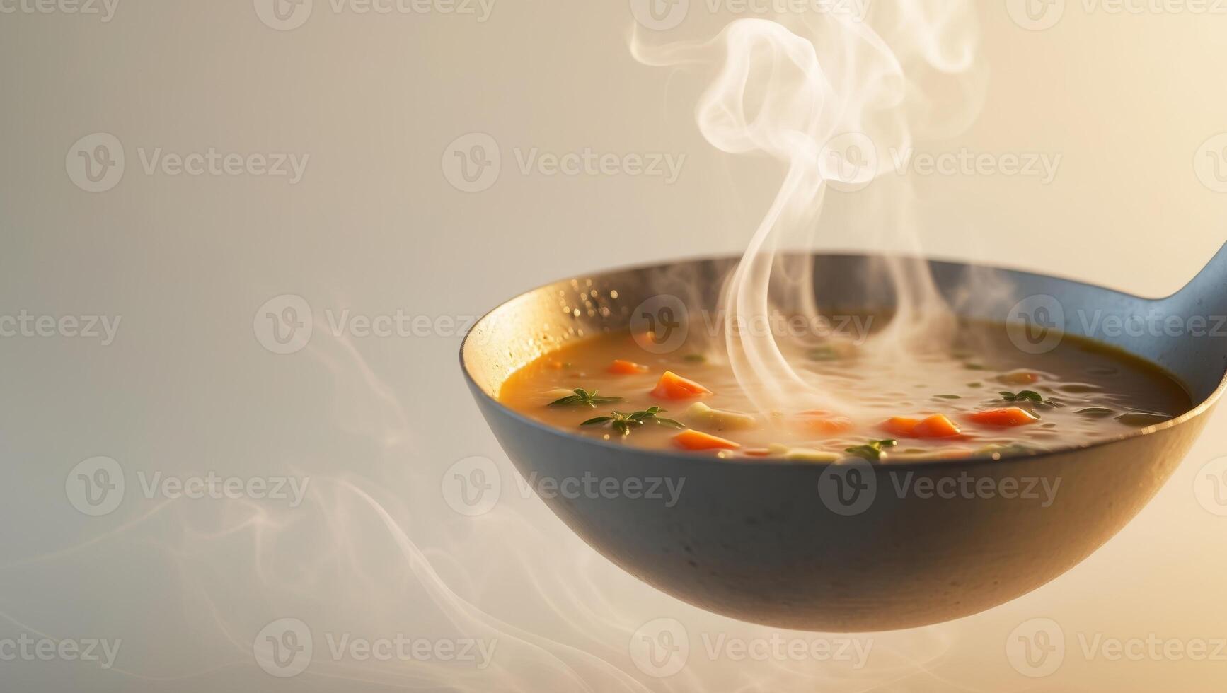 Ladle serving steaming soup with a warm glow and inviting ambiance. photo