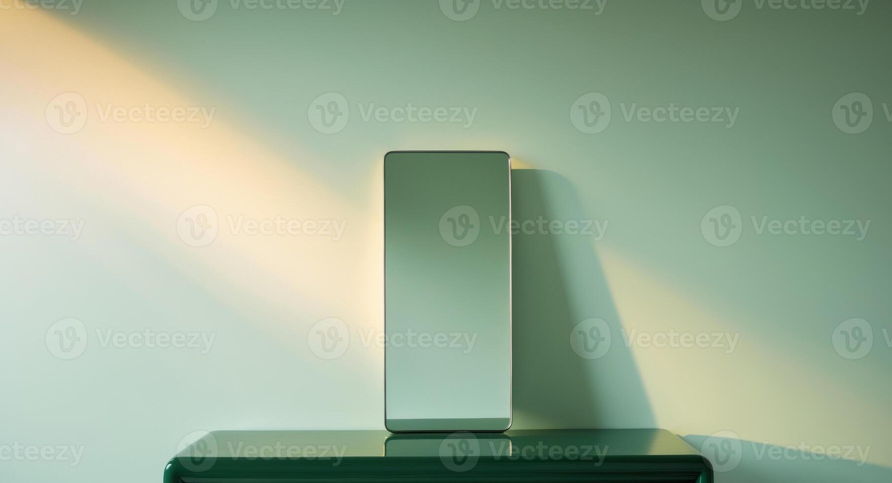 Mirror on a table with green background reflecting light and surrounding objects in a serene setting photo