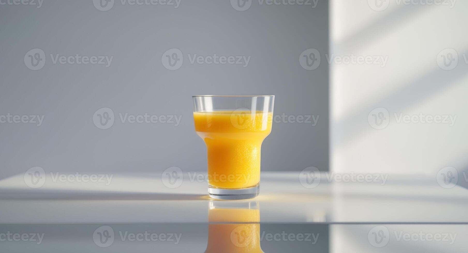 Glass of orange juice on a table with reflection. photo
