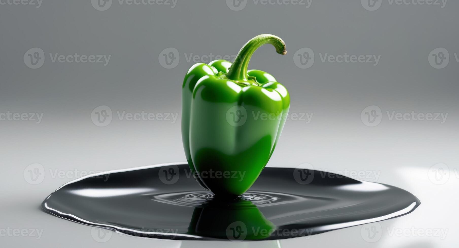 A glossy green pepper resting on a wet black surface with reflections. photo
