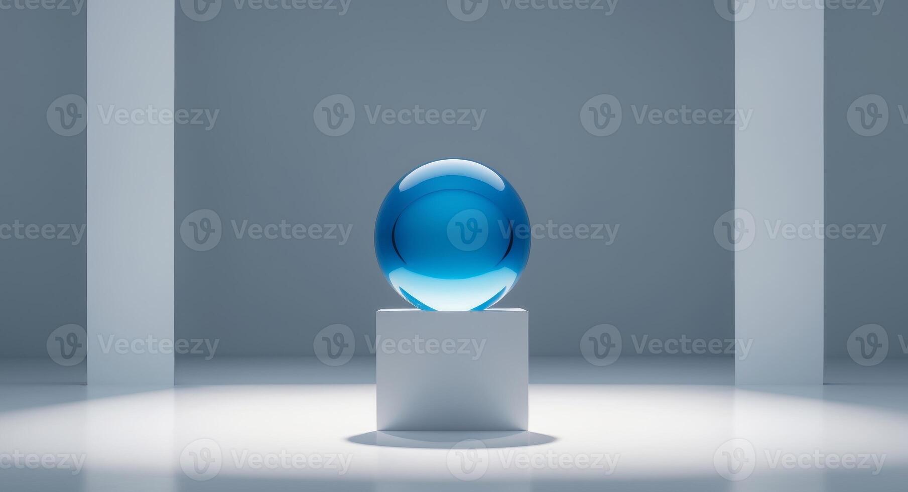 Blue glass sphere placed on a white pedestal with soft lighting and shadow effects in a studio setting. photo