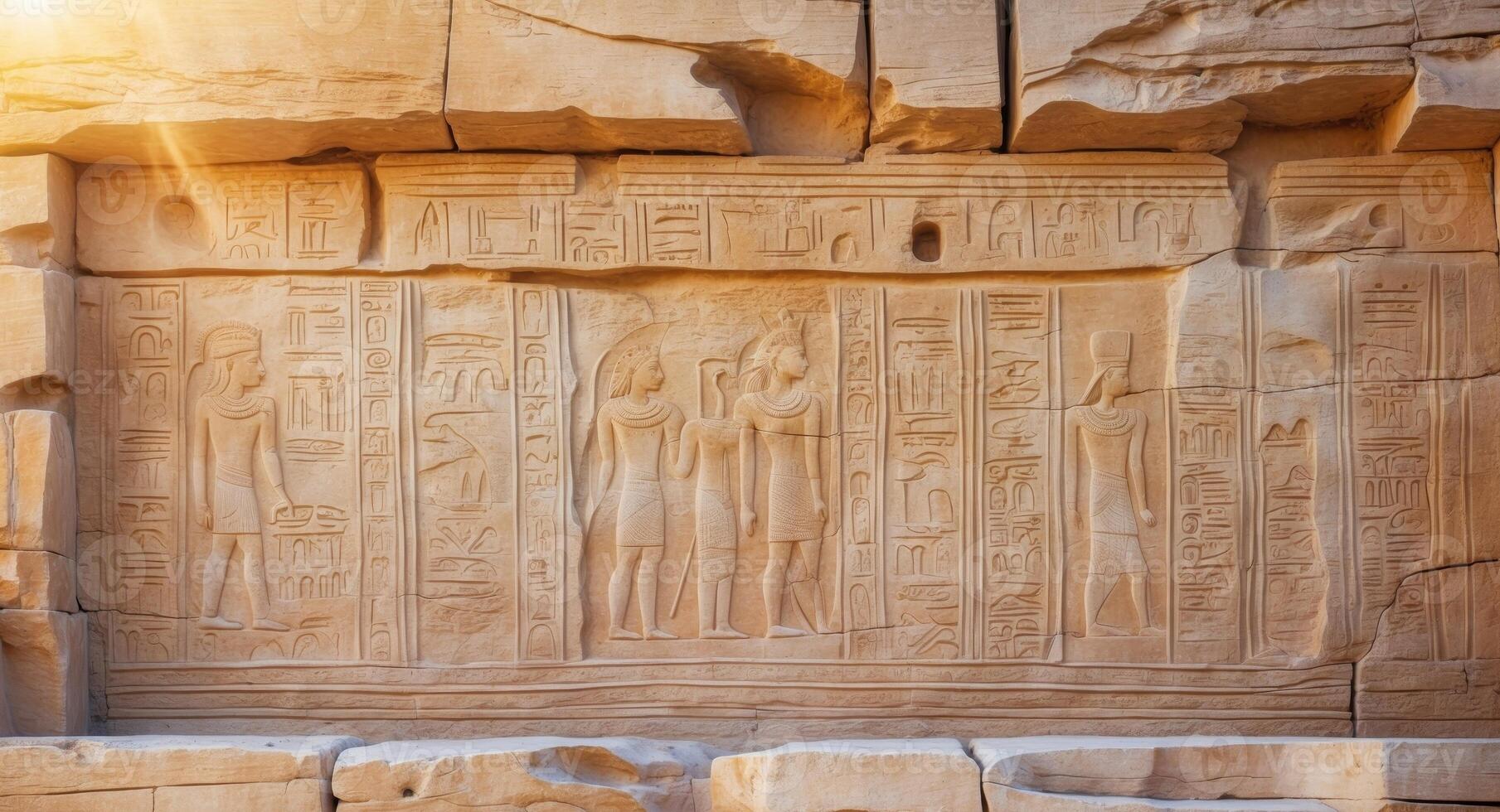 Ancient Stone Wall with Carvings and Hieroglyphics in Sunlight photo