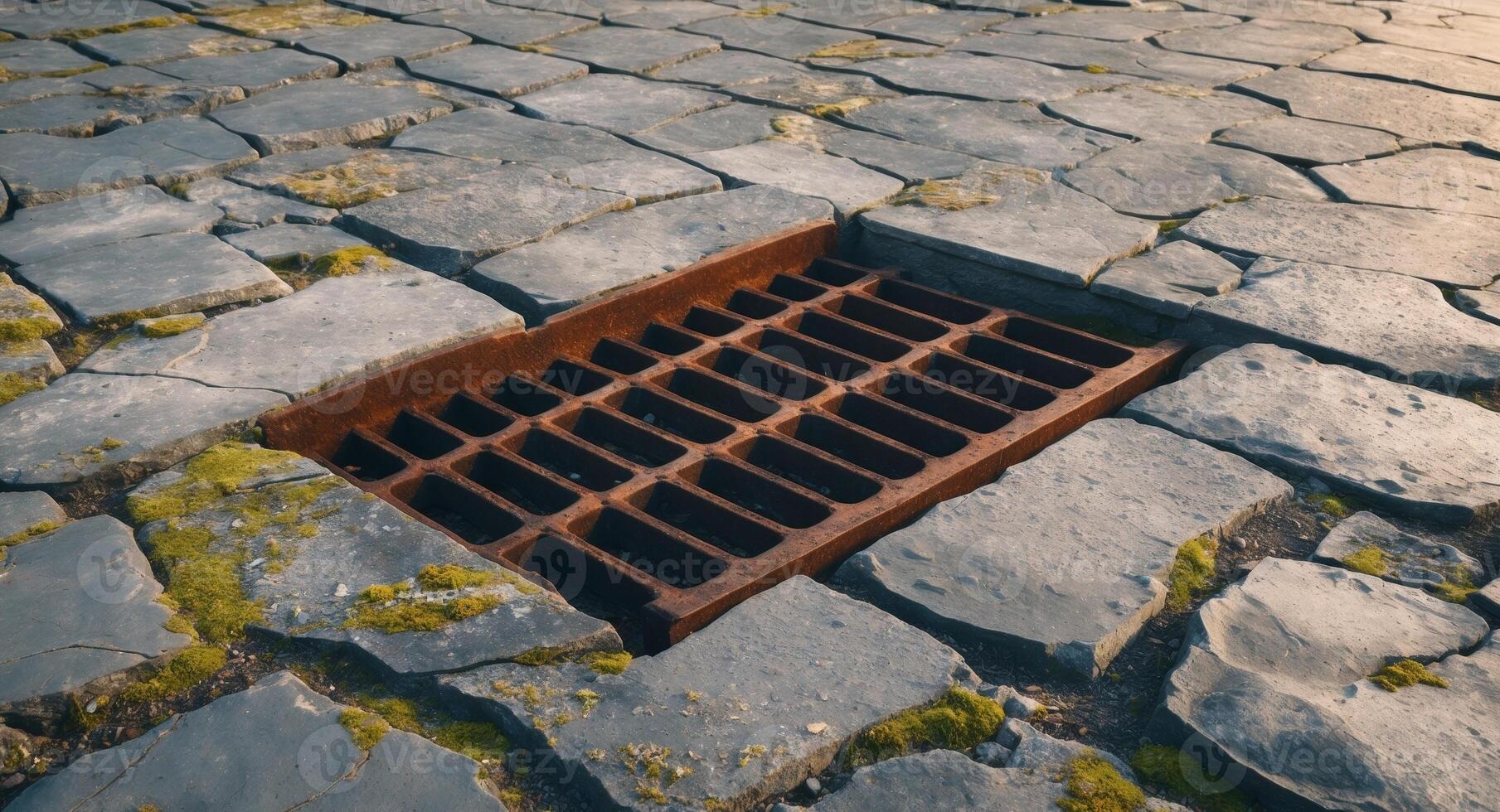 Rusty Metal Grate Embedded In Aged Stone Pavement photo